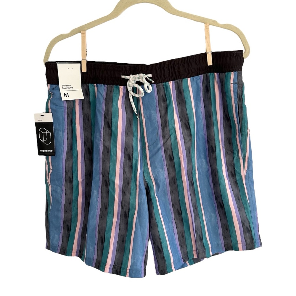 NWT Original Use Swim Trunks 7” Inseam Vertical Stripes Mesh Liner UPF 50+ Sz M